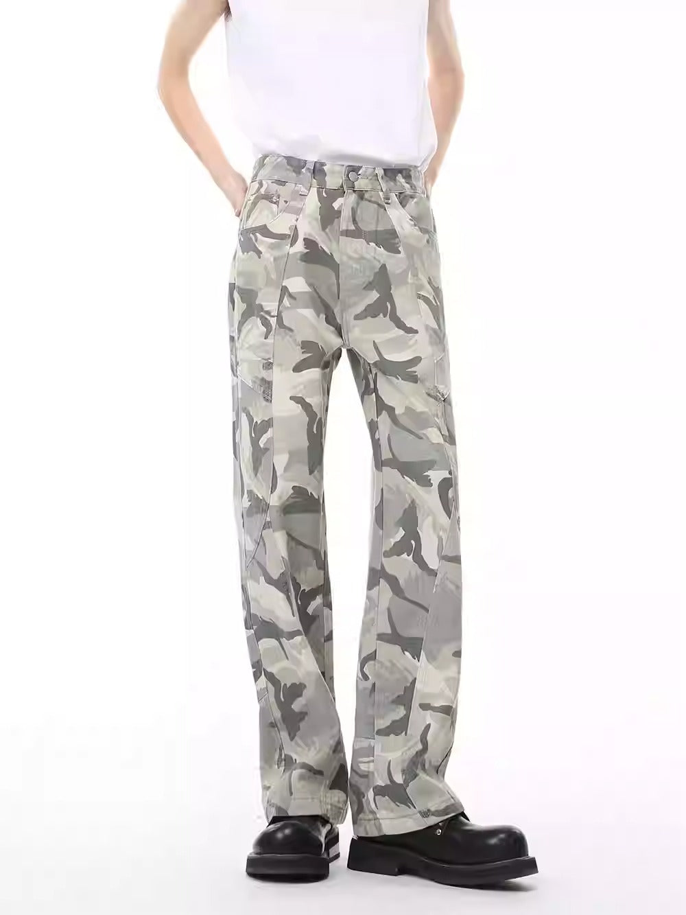 Original Design Camouflage Patchwork Mid-Rise Straight Jeans [ID:0178PA]