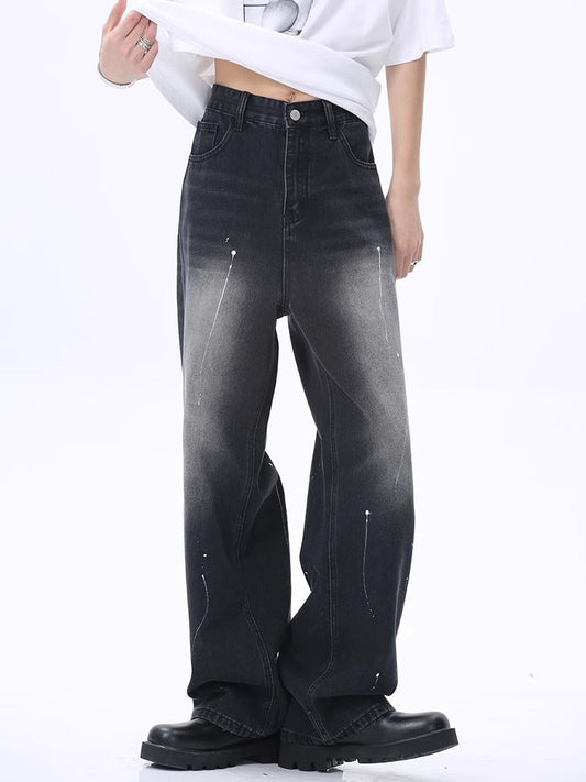 Unique Splatter Wash Mid-Rise Loose Straight Jeans [ID:0179PA]