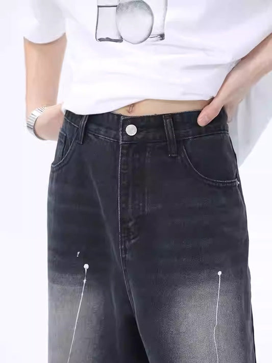 Unique Splatter Wash Mid-Rise Loose Straight Jeans [ID:0179PA]