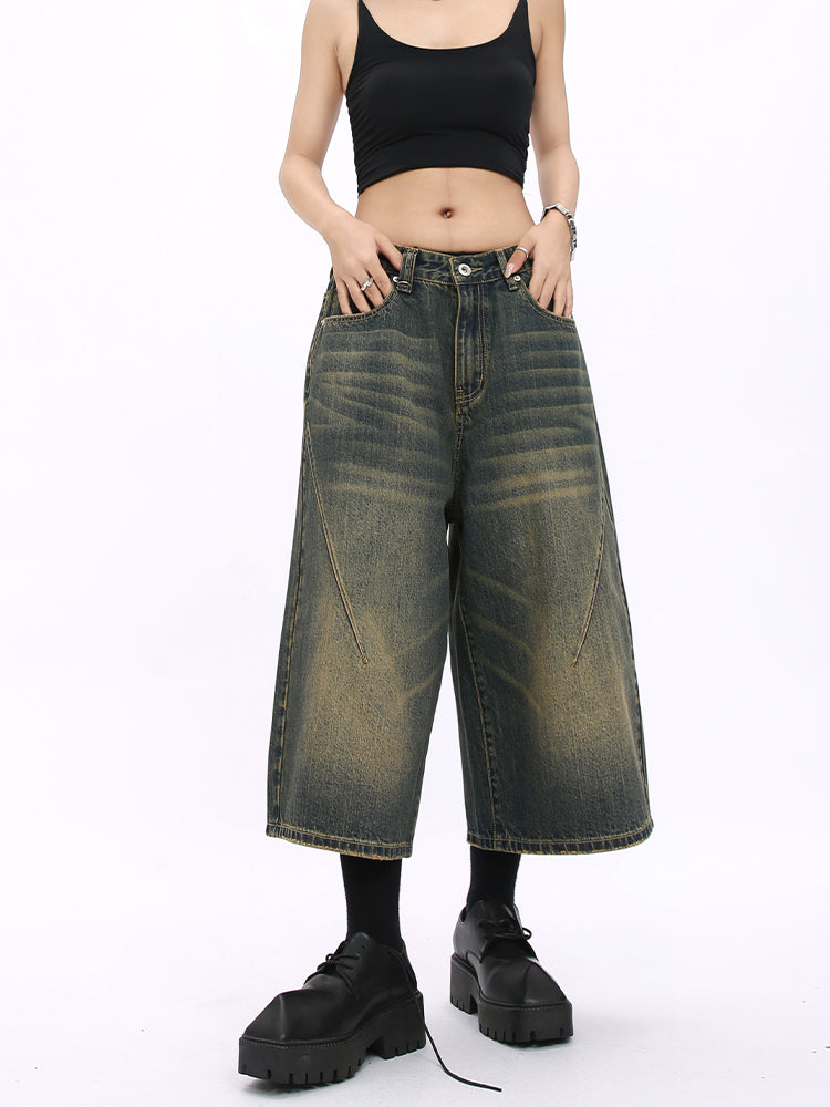 Korean Style Washed Loose Wide-Leg Cropped Jeans [ID:0181PA]