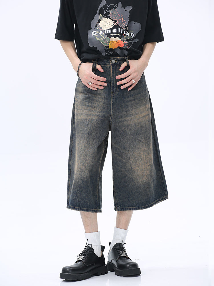 Korean Style Washed Loose Wide-Leg Cropped Jeans [ID:0181PA]