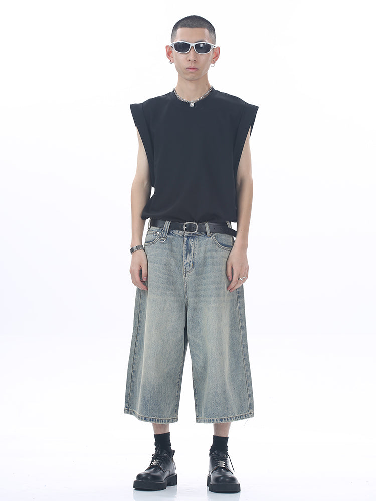 Korean Style Washed Loose Wide-Leg Cropped Jeans [ID:0181PA]