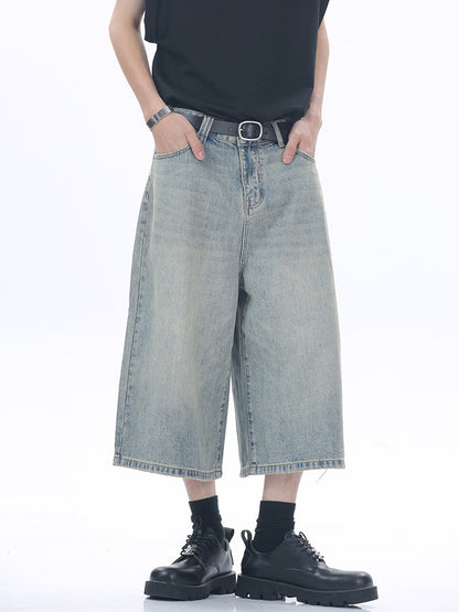 Korean Style Washed Loose Wide-Leg Cropped Jeans [ID:0181PA]