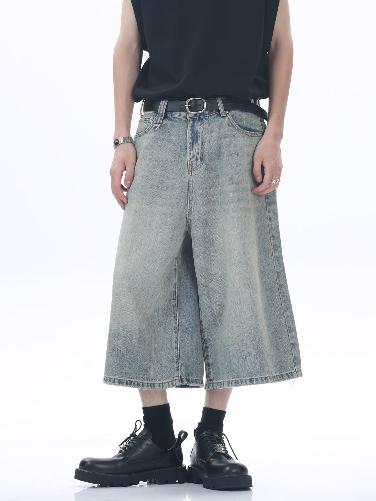 Korean Style Washed Loose Wide-Leg Cropped Jeans [ID:0181PA]