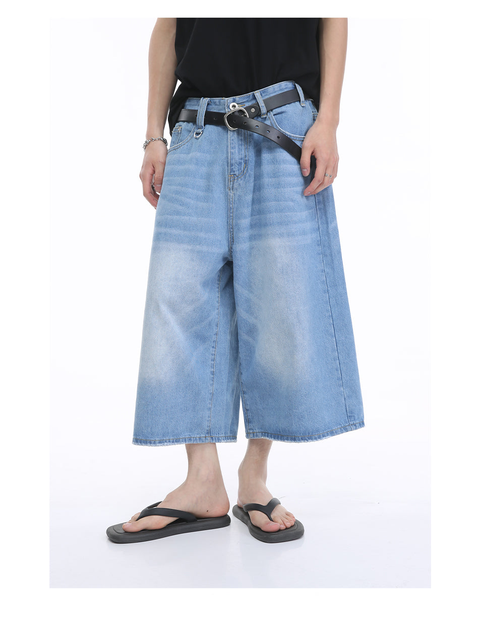 Korean Style Washed Loose Wide-Leg Cropped Jeans [ID:0181PA]