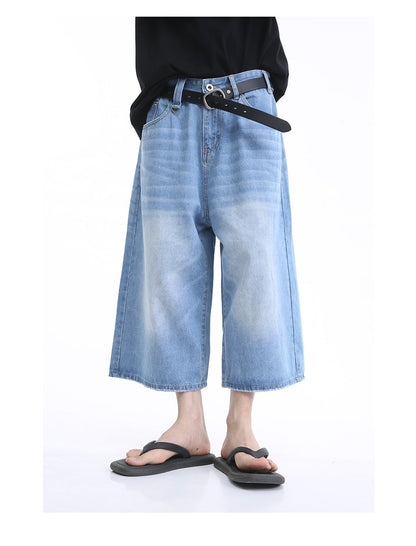 Korean Style Washed Loose Wide-Leg Cropped Jeans [ID:0181PA]