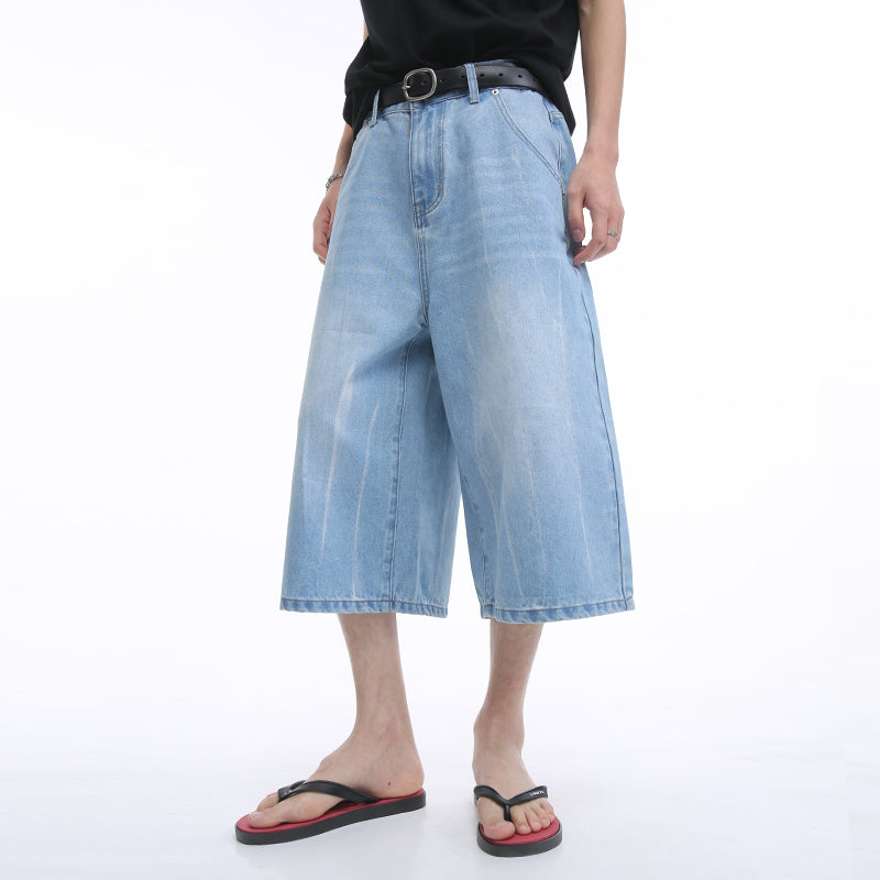 Korean Style Washed Loose Wide-Leg Cropped Jeans [ID:0181PA]