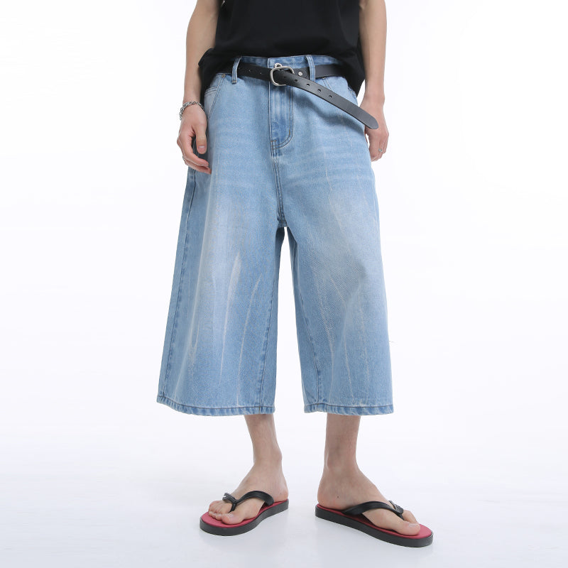 Korean Style Washed Loose Wide-Leg Cropped Jeans [ID:0181PA]