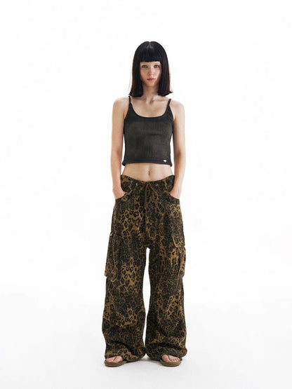 Leopard Print Paratrooper Structure Wide Leg Casual Unisex Pants [ID:0184PA]