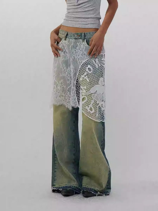 Lace Patchwork Washed Half Skirt Straight Jeans [ID:0185PA]