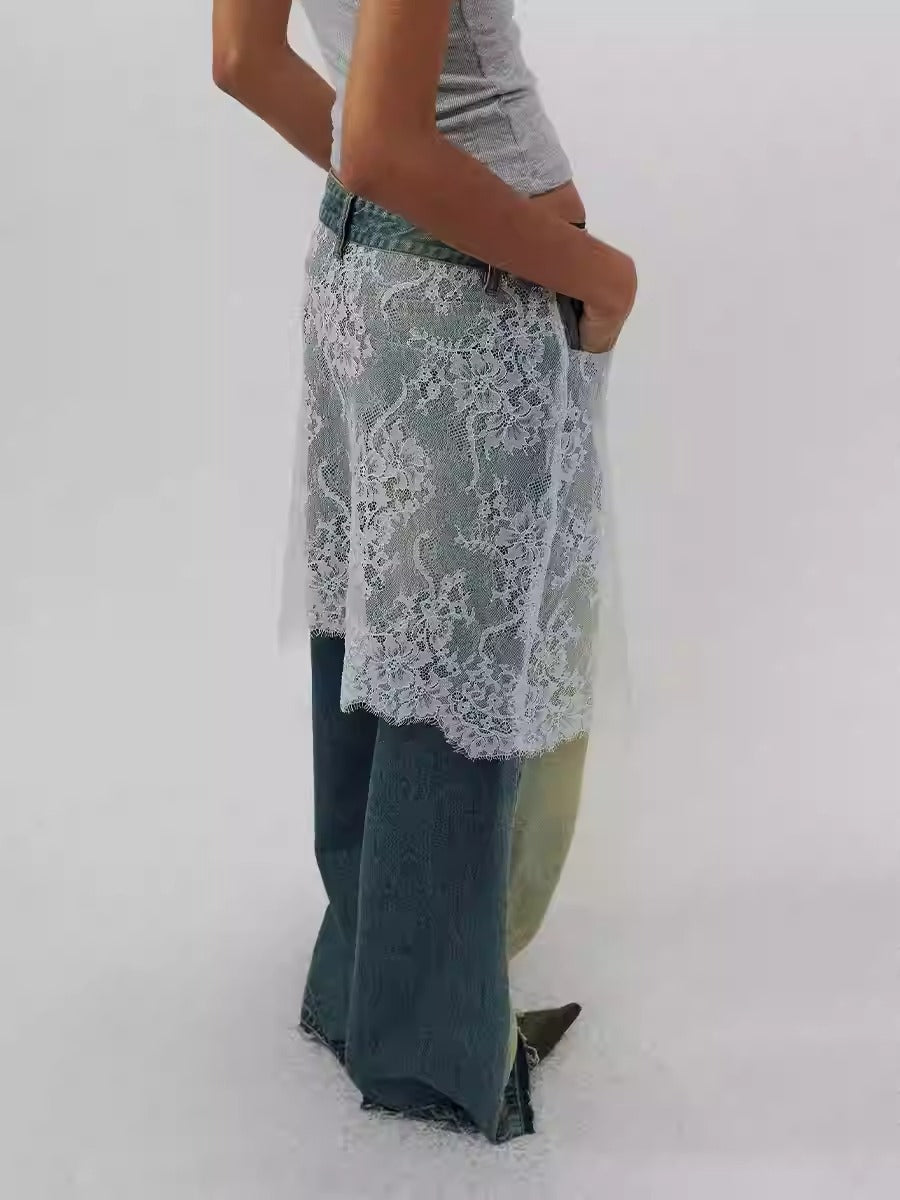 Lace Patchwork Washed Half Skirt Straight Jeans [ID:0185PA]