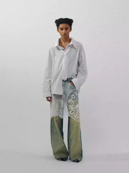 Lace Patchwork Washed Half Skirt Straight Jeans [ID:0185PA]