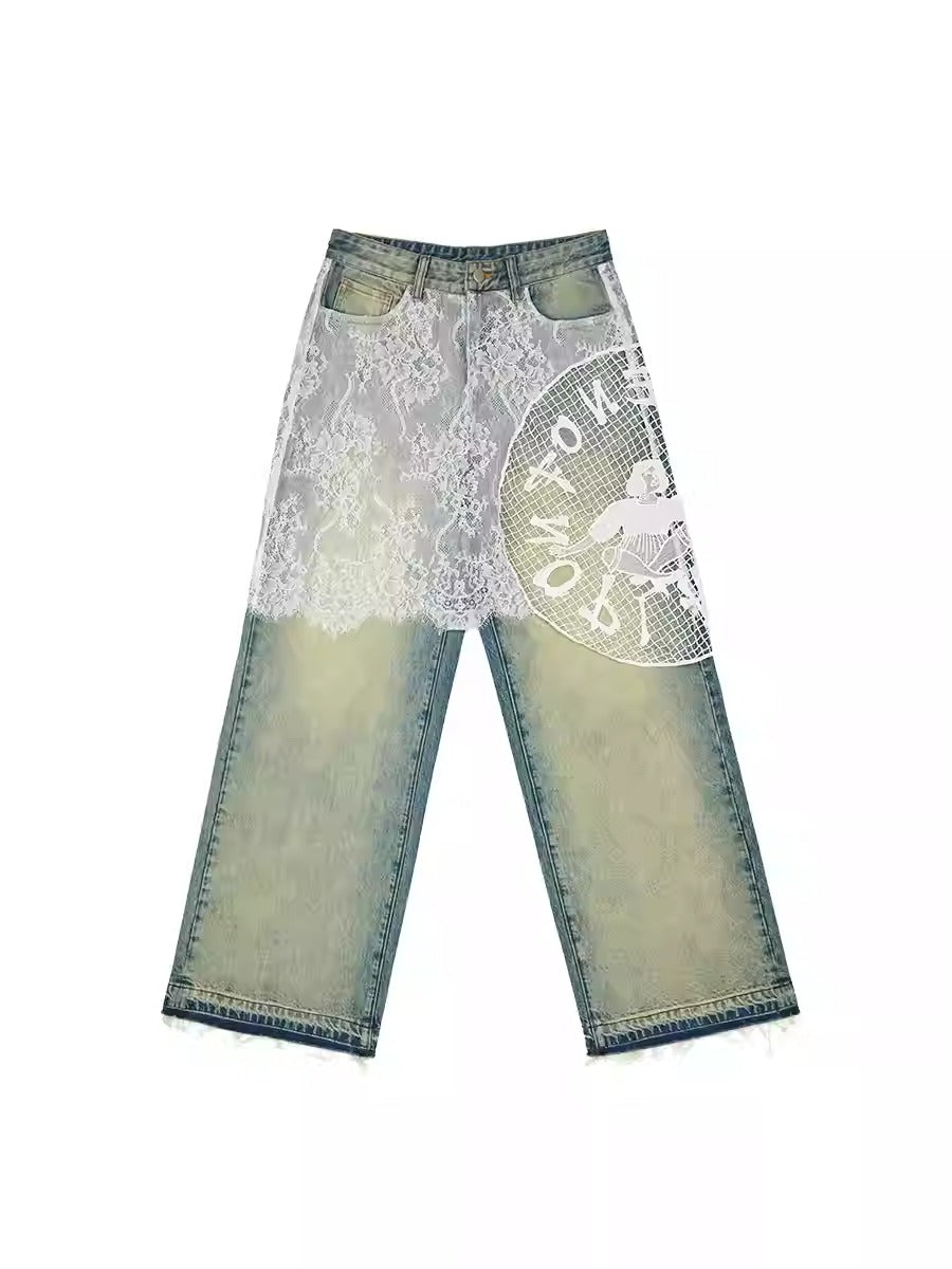 Lace Patchwork Washed Half Skirt Straight Jeans [ID:0185PA]