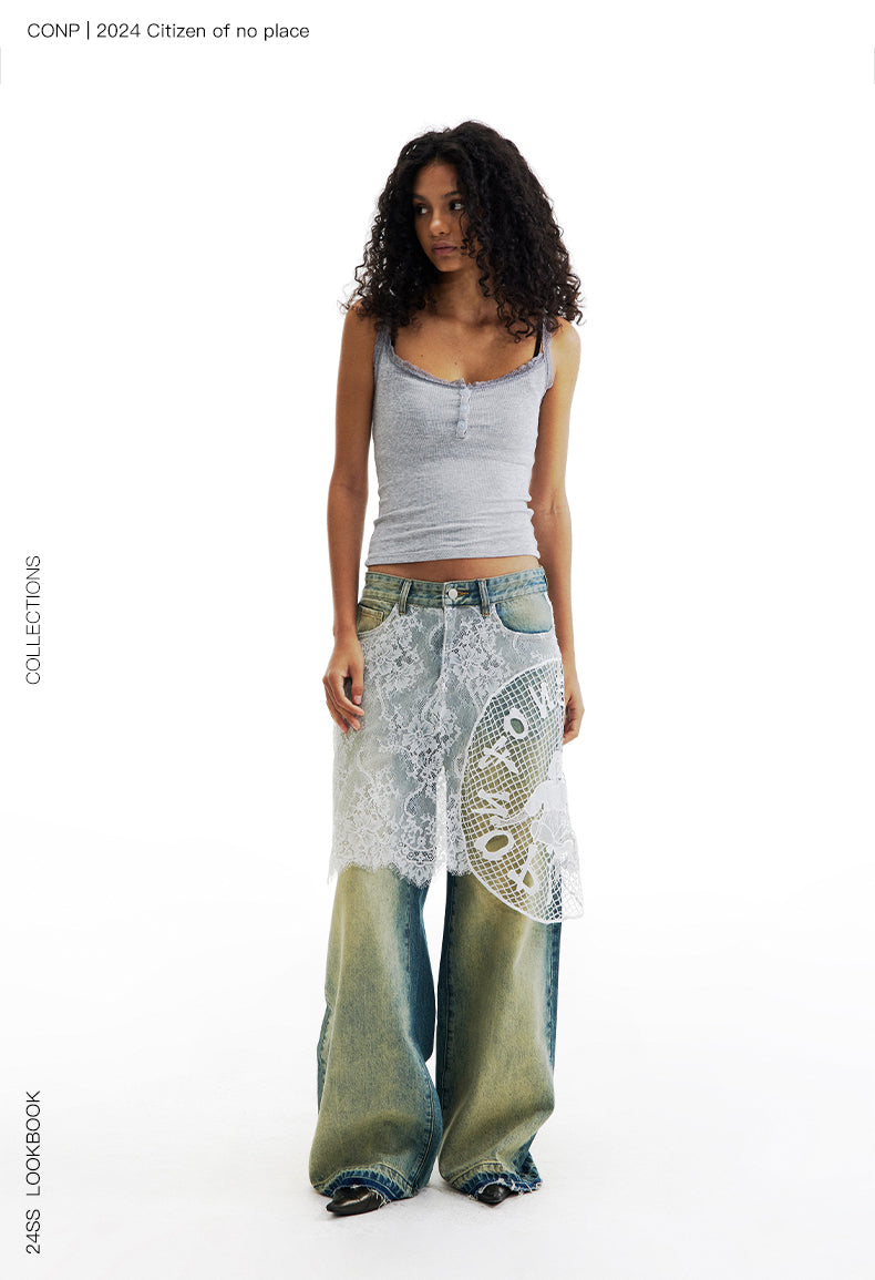 Lace Patchwork Washed Half Skirt Straight Jeans [ID:0185PA]