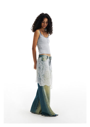 Lace Patchwork Washed Half Skirt Straight Jeans [ID:0185PA]