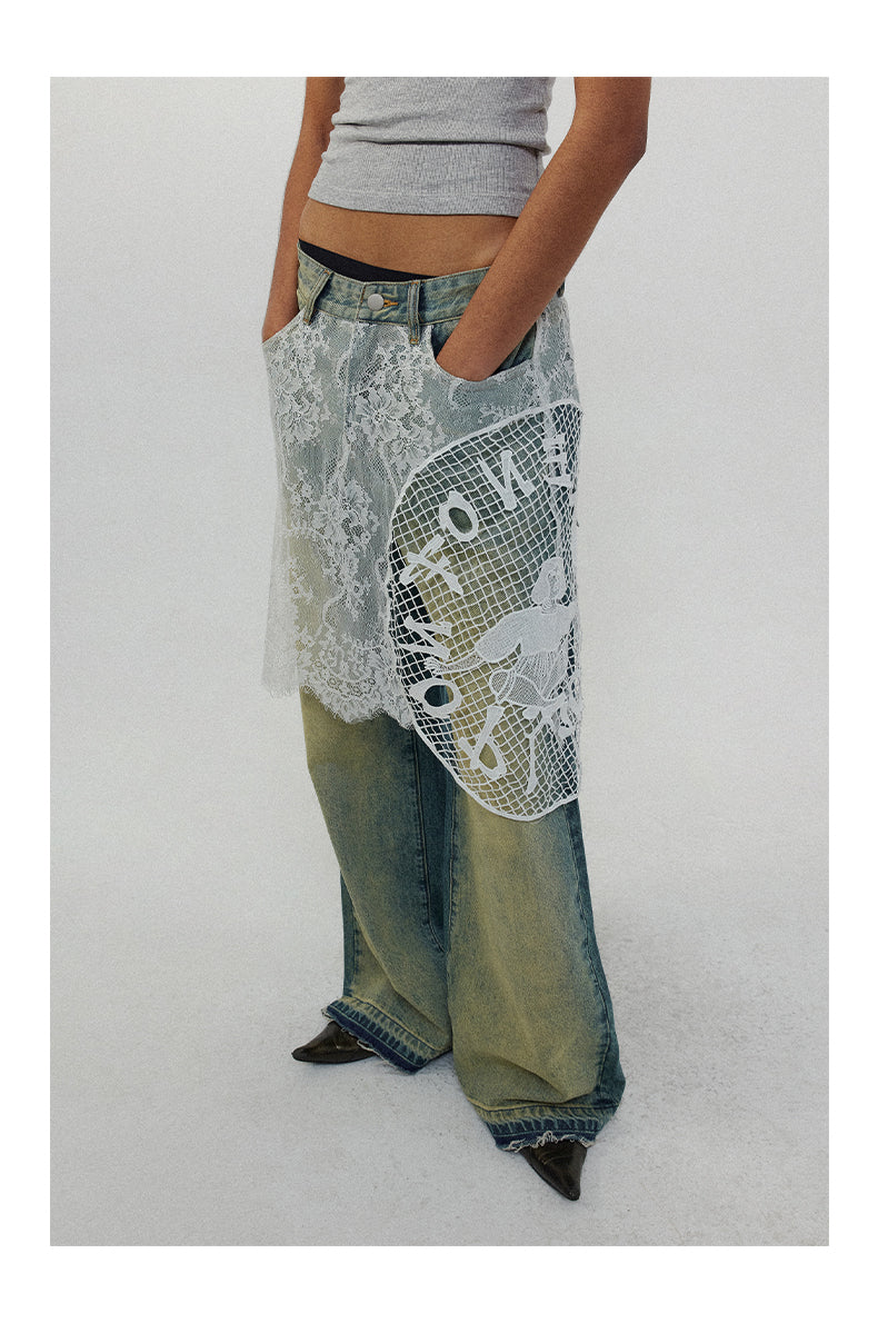 Lace Patchwork Washed Half Skirt Straight Jeans [ID:0185PA]