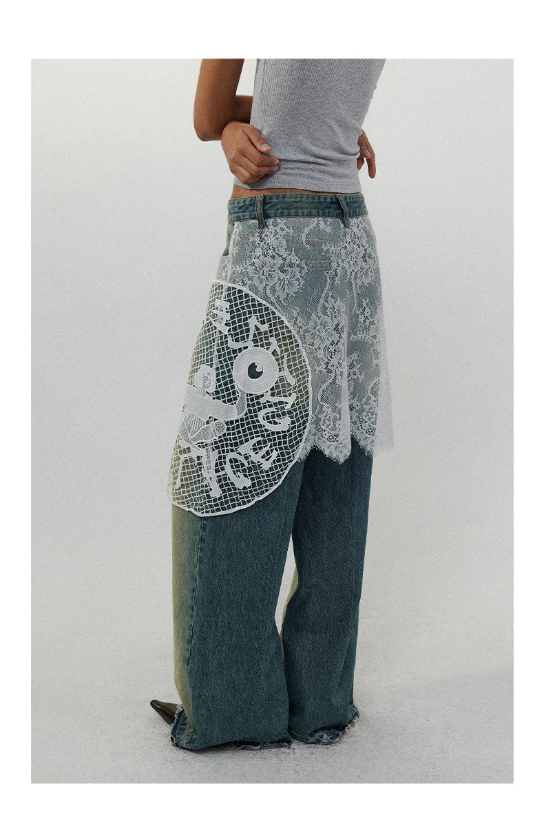 Lace Patchwork Washed Half Skirt Straight Jeans [ID:0185PA]