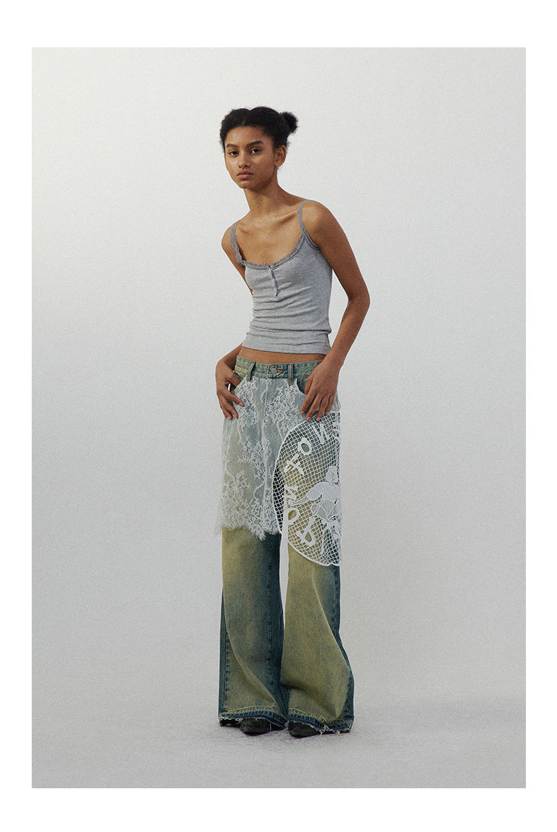 Lace Patchwork Washed Half Skirt Straight Jeans [ID:0185PA]