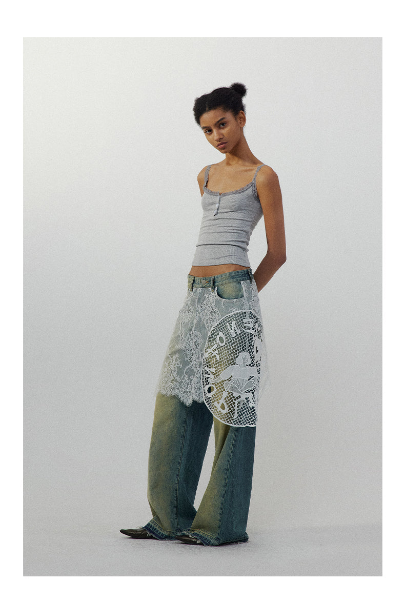 Lace Patchwork Washed Half Skirt Straight Jeans [ID:0185PA]
