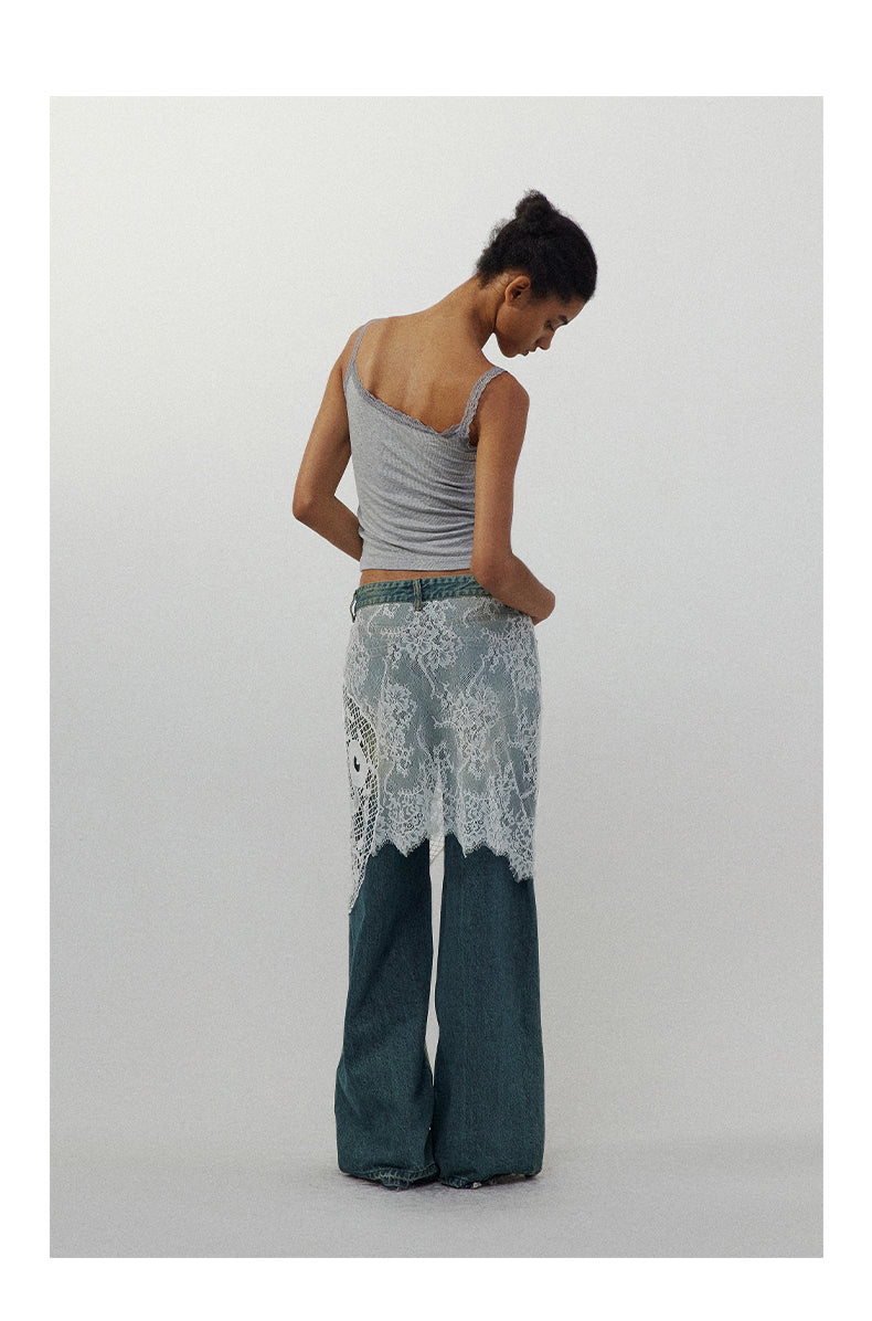 Lace Patchwork Washed Half Skirt Straight Jeans [ID:0185PA]