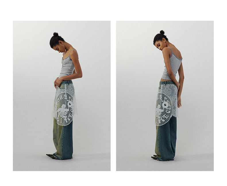 Lace Patchwork Washed Half Skirt Straight Jeans [ID:0185PA]