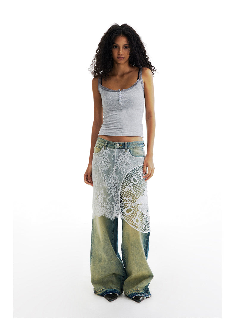 Lace Patchwork Washed Half Skirt Straight Jeans [ID:0185PA]