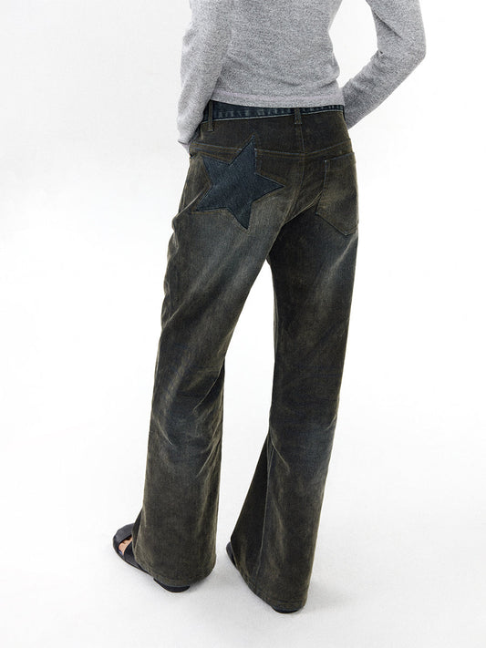 Star Velvet Embossed Vintage Washed Denim Pants [ID:0188PA]