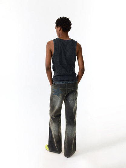 Star Velvet Embossed Vintage Washed Denim Pants [ID:0188PA]