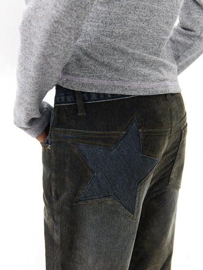 Star Velvet Embossed Vintage Washed Denim Pants [ID:0188PA]