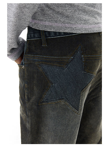 Star Velvet Embossed Vintage Washed Denim Pants [ID:0188PA]