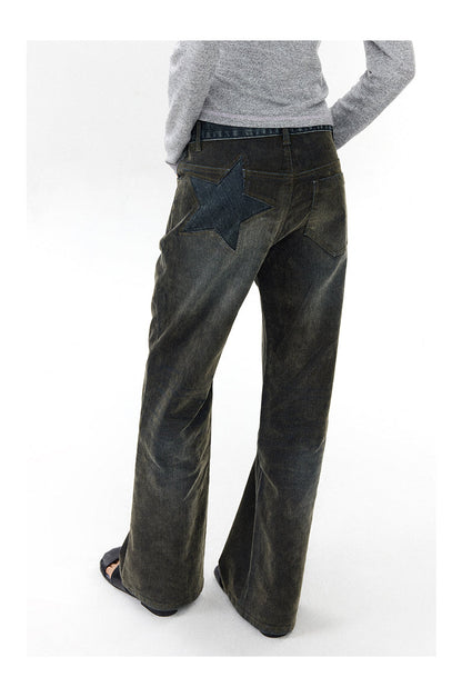 Star Velvet Embossed Vintage Washed Denim Pants [ID:0188PA]