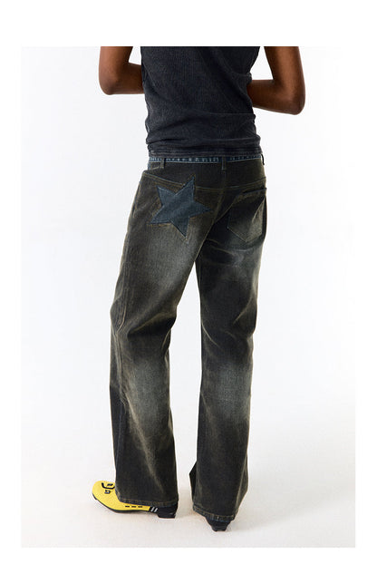 Star Velvet Embossed Vintage Washed Denim Pants [ID:0188PA]