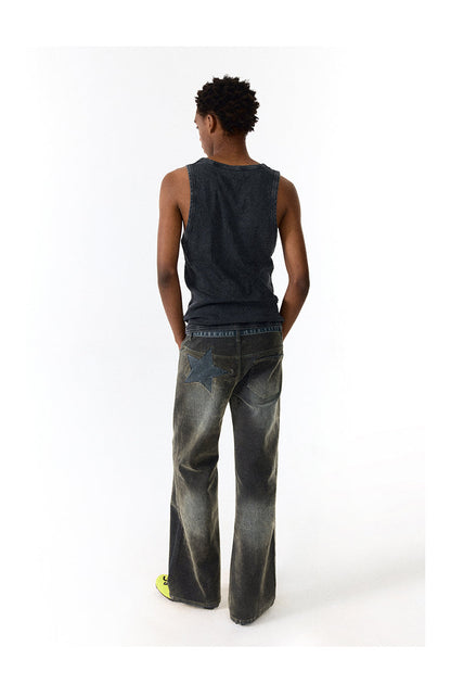 Star Velvet Embossed Vintage Washed Denim Pants [ID:0188PA]