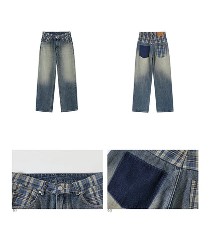 Checked Denim Jumpsuit Retro Wash Baggy Wide Damage Jeans [ID:0189PA]