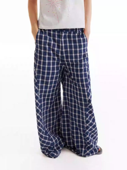 Retro Patchwork Bubble Check Bias Cut Wide Leg Pants Unisex [ID:0190PA]