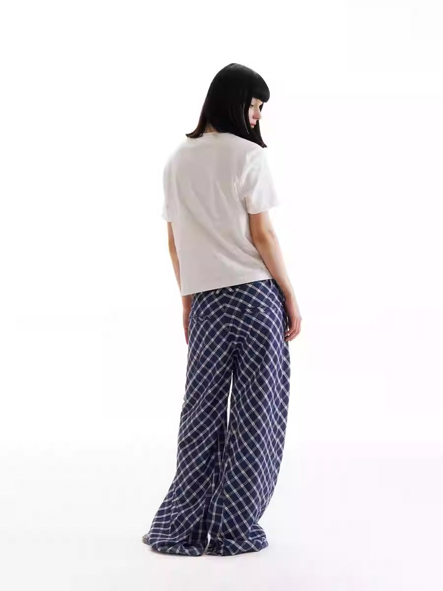 Retro Patchwork Bubble Check Bias Cut Wide Leg Pants Unisex [ID:0190PA]