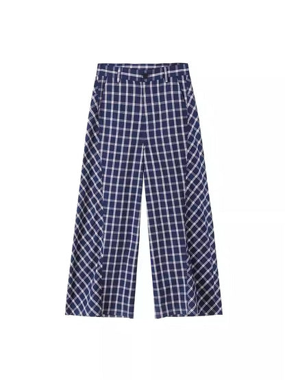 Retro Patchwork Bubble Check Bias Cut Wide Leg Pants Unisex [ID:0190PA]