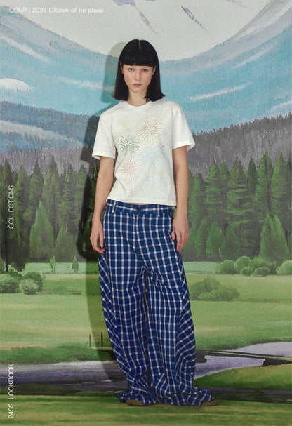 Retro Patchwork Bubble Check Bias Cut Wide Leg Pants Unisex [ID:0190PA]