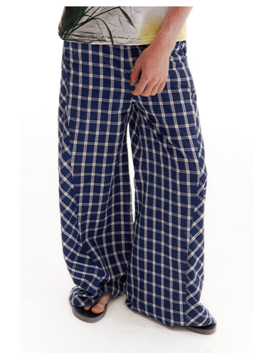 Retro Patchwork Bubble Check Bias Cut Wide Leg Pants Unisex [ID:0190PA]