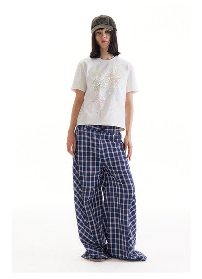 Retro Patchwork Bubble Check Bias Cut Wide Leg Pants Unisex [ID:0190PA]