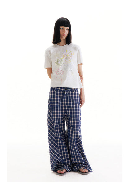 Retro Patchwork Bubble Check Bias Cut Wide Leg Pants Unisex [ID:0190PA]