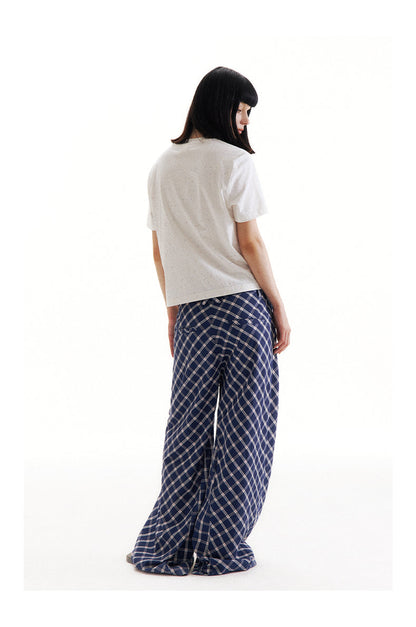 Retro Patchwork Bubble Check Bias Cut Wide Leg Pants Unisex [ID:0190PA]