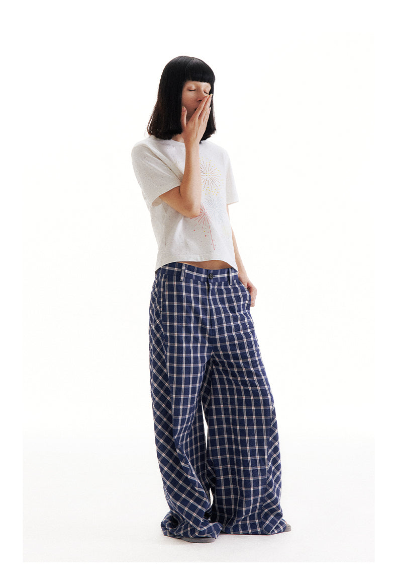 Retro Patchwork Bubble Check Bias Cut Wide Leg Pants Unisex [ID:0190PA]