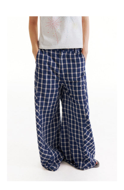 Retro Patchwork Bubble Check Bias Cut Wide Leg Pants Unisex [ID:0190PA]