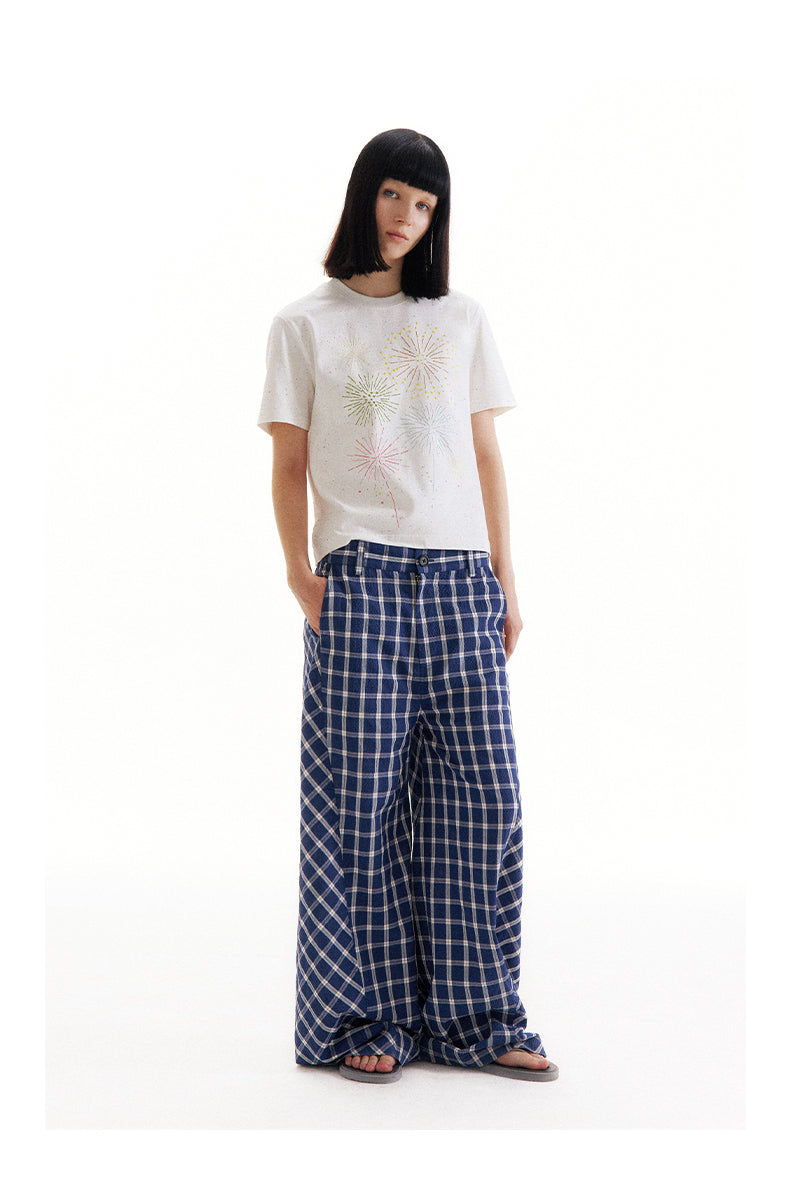 Retro Patchwork Bubble Check Bias Cut Wide Leg Pants Unisex [ID:0190PA]