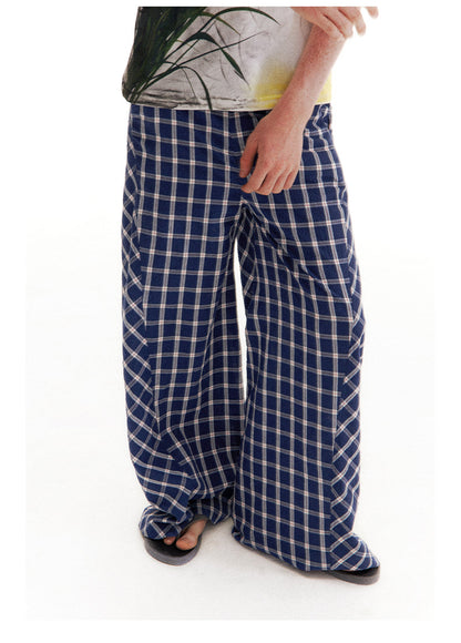 Retro Patchwork Bubble Check Bias Cut Wide Leg Pants Unisex [ID:0190PA]