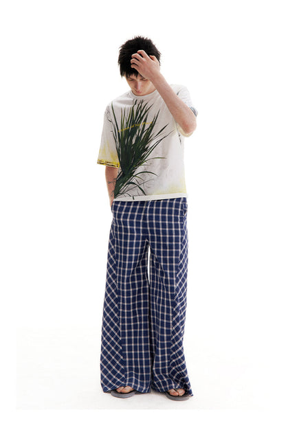 Retro Patchwork Bubble Check Bias Cut Wide Leg Pants Unisex [ID:0190PA]