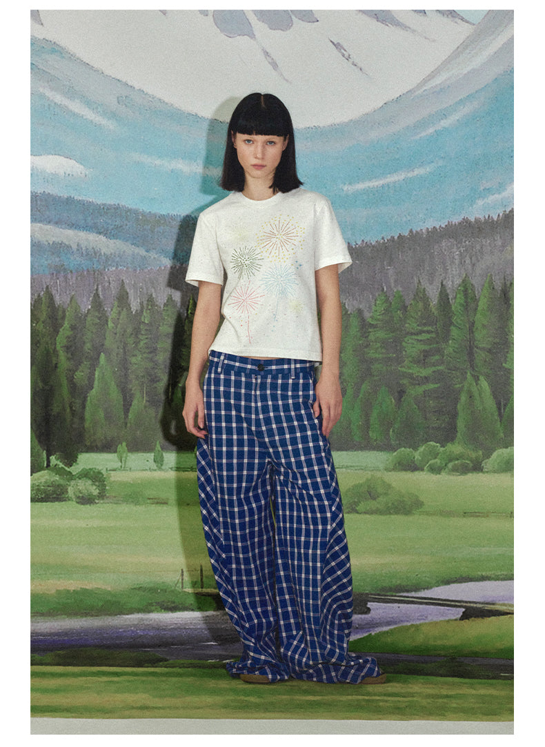 Retro Patchwork Bubble Check Bias Cut Wide Leg Pants Unisex [ID:0190PA]