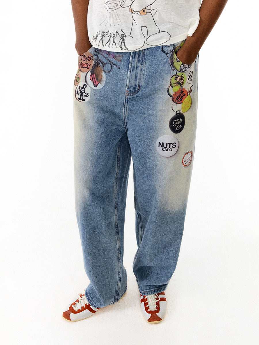 Floating Badge Print Denim with Vintage Wash Style Pants [ID:0192PA]