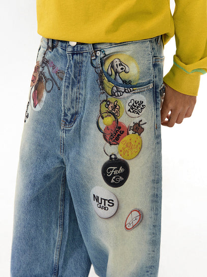 Floating Badge Print Denim with Vintage Wash Style Pants [ID:0192PA]